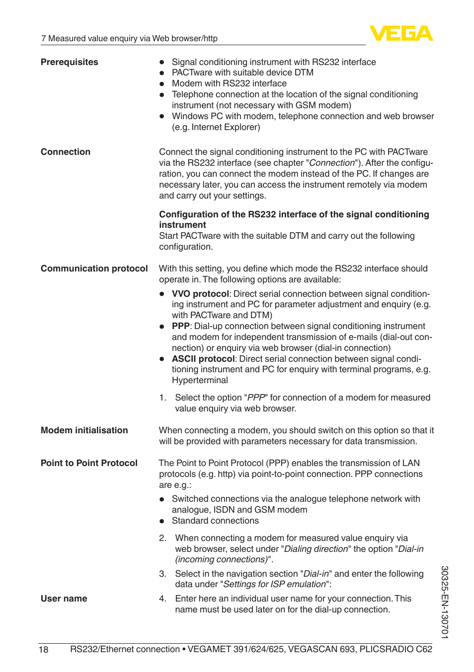 VEGA RS232_Ethernet connection User Manual | Page 18 / 64
