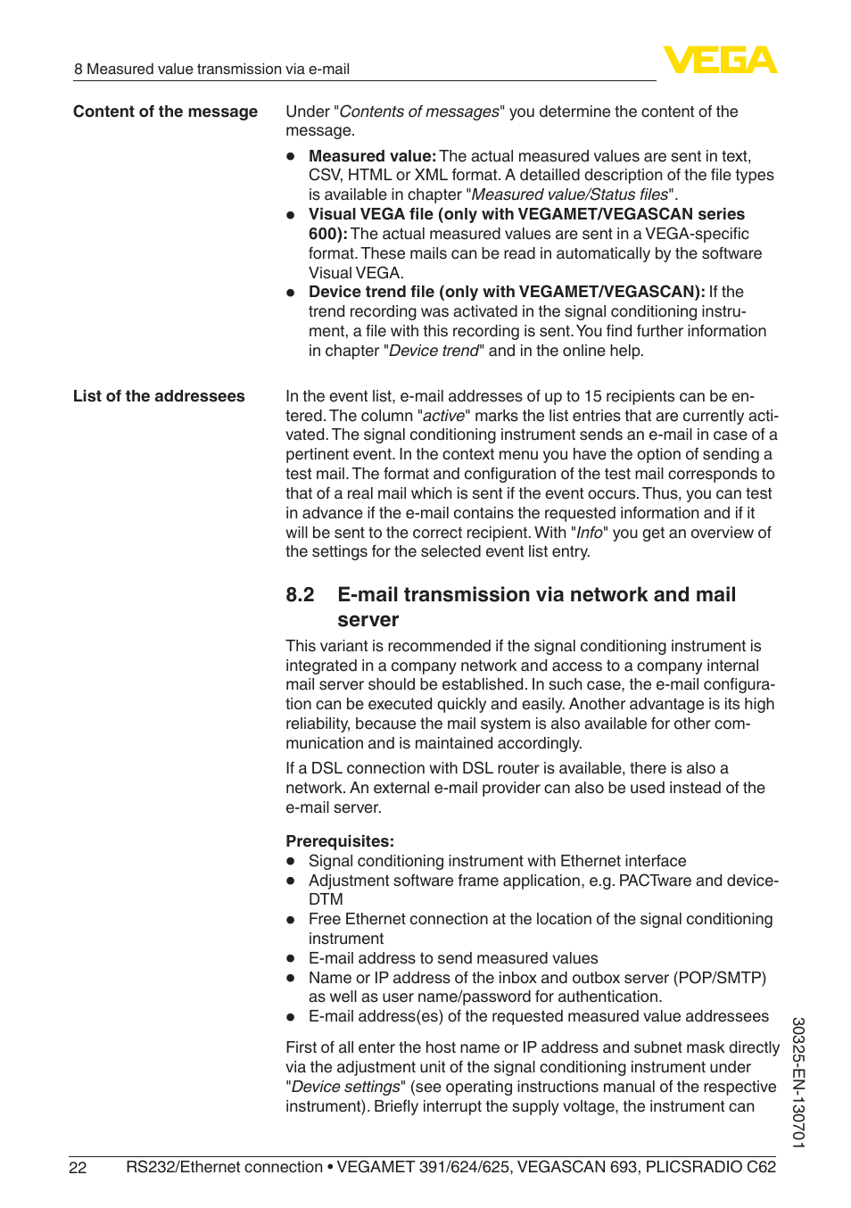 2 e-mail transmission via network and mail server | VEGA RS232_Ethernet connection User Manual | Page 22 / 64