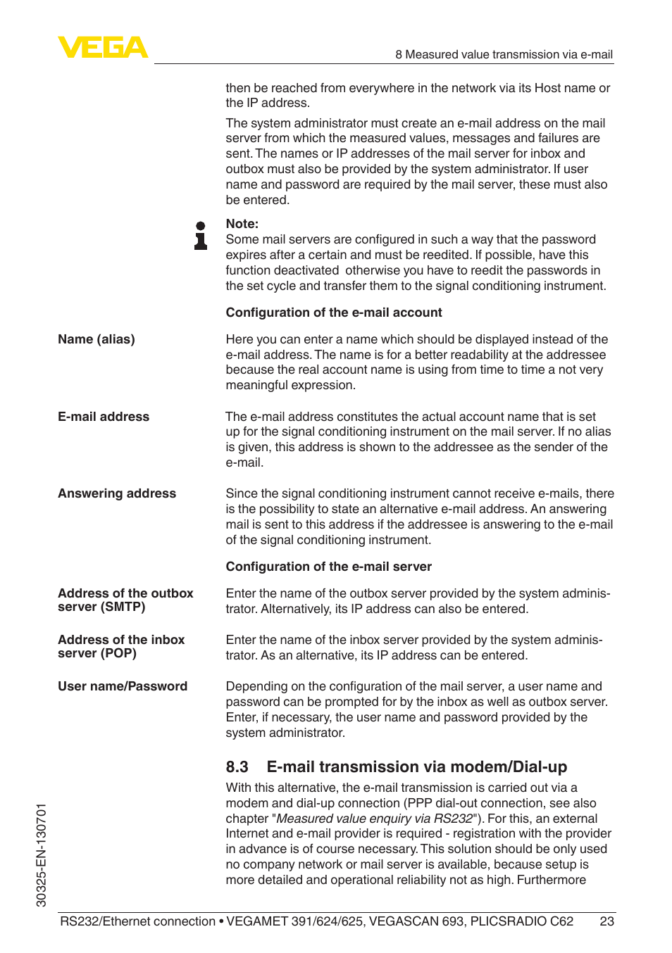 3 e-mail transmission via modem/dial-up | VEGA RS232_Ethernet connection User Manual | Page 23 / 64