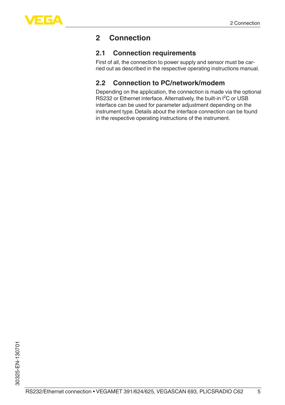 2 connection, 1 connection requirements, 2 connection to pc/network/modem | VEGA RS232_Ethernet connection User Manual | Page 5 / 64