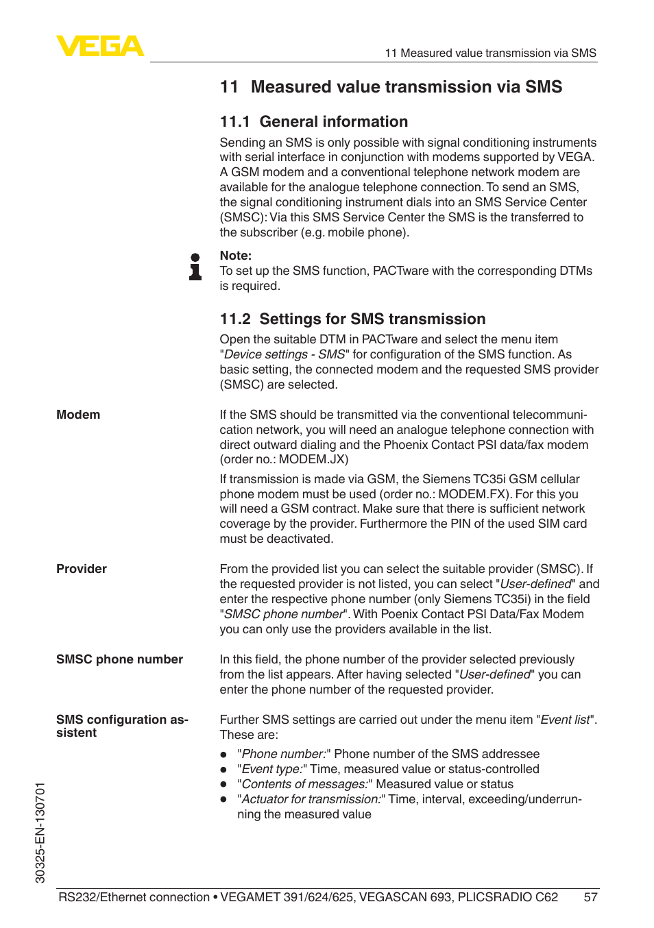 11 measured value transmission via sms, 1 general information, 2 settings for sms transmission | VEGA RS232_Ethernet connection User Manual | Page 57 / 64