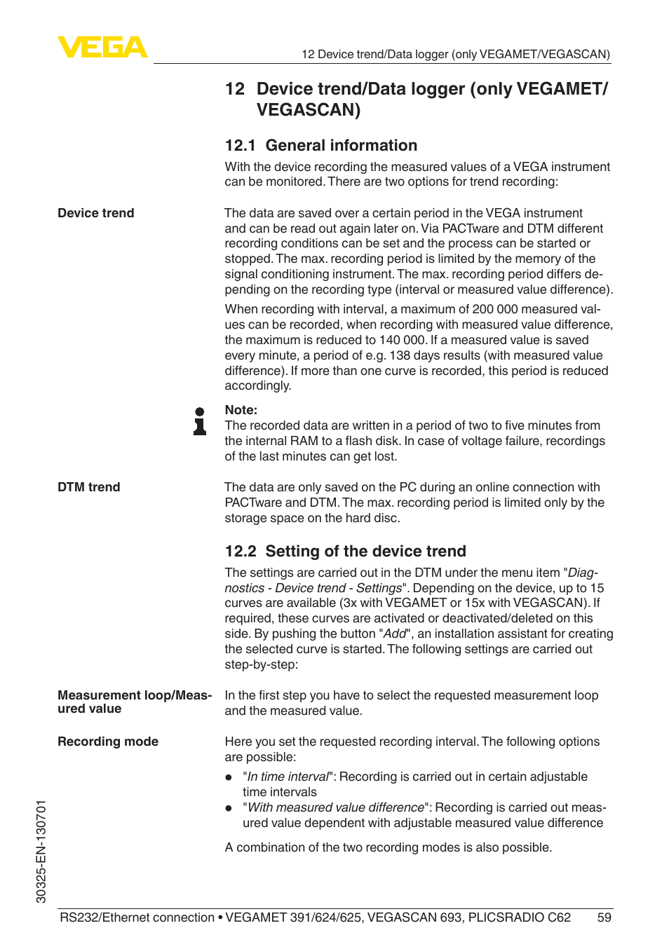 1 general information, 2 setting of the device trend | VEGA RS232_Ethernet connection User Manual | Page 59 / 64