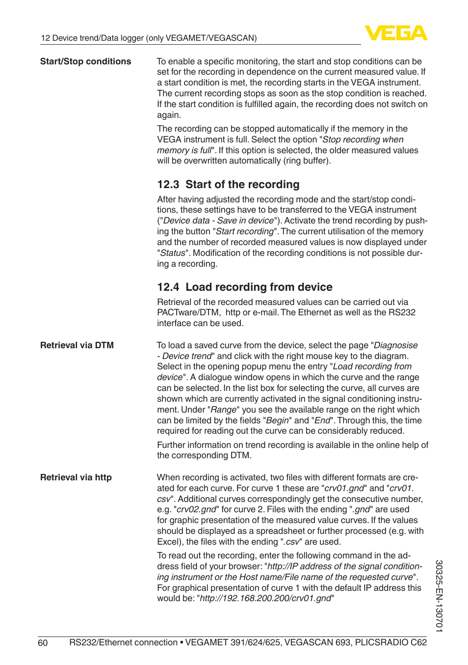 3 start of the recording, 4 load recording from device | VEGA RS232_Ethernet connection User Manual | Page 60 / 64