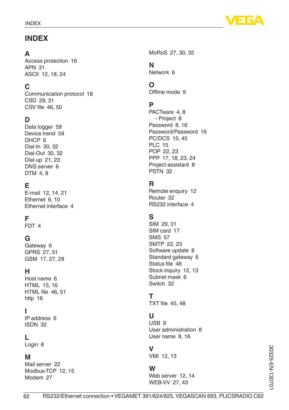 Index | VEGA RS232_Ethernet connection User Manual | Page 62 / 64