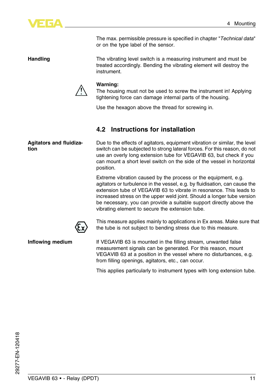 2 instructions for installation | VEGA VEGAVIB 63 - Relay (DPDT) User Manual | Page 11 / 36