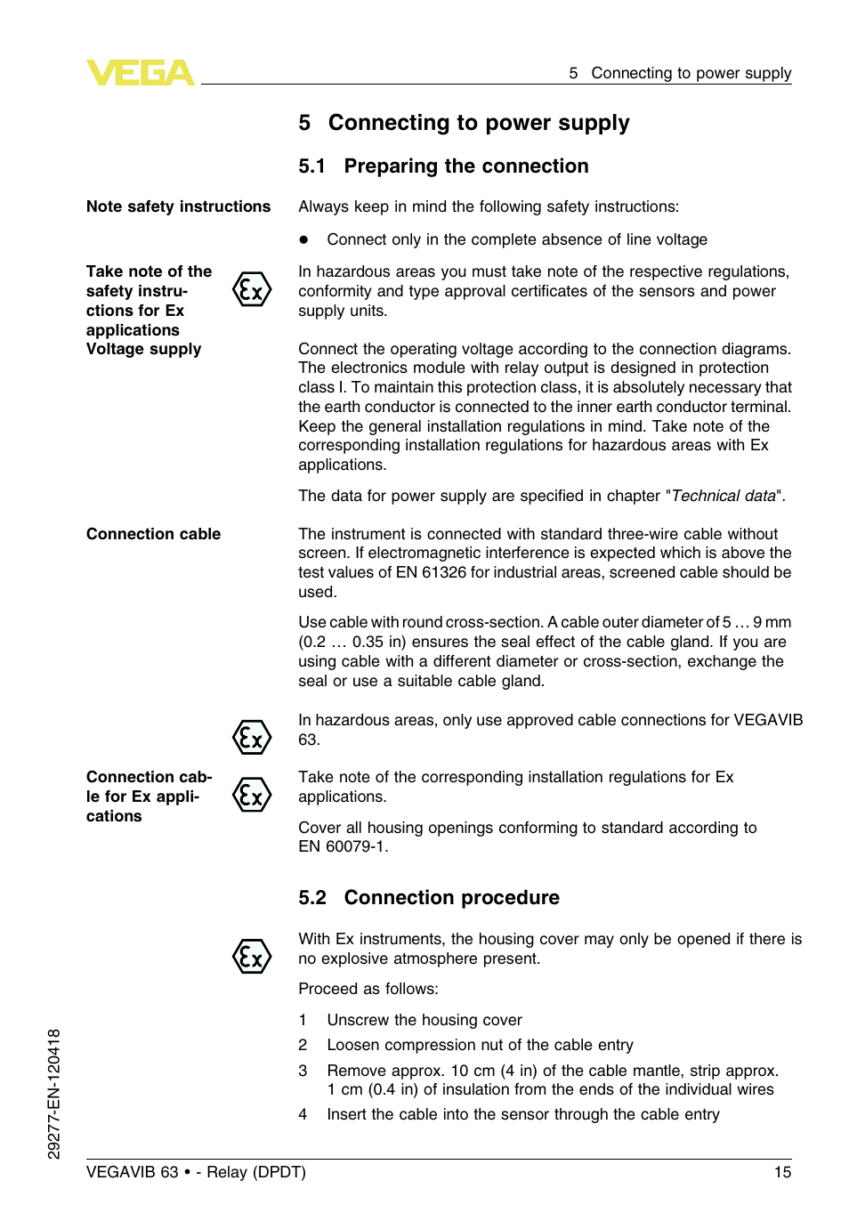 5 connecting to power supply, 1 preparing the connection, 2 connection procedure | 5connecting to power supply | VEGA VEGAVIB 63 - Relay (DPDT) User Manual | Page 15 / 36