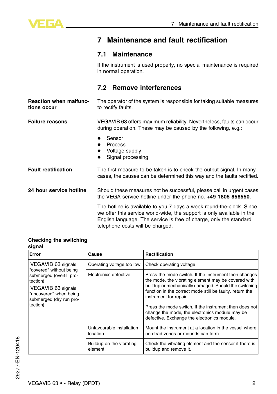 7 maintenance and fault rectification, 1 maintenance, 2 remove interferences | 7maintenance and fault rectiﬁcation | VEGA VEGAVIB 63 - Relay (DPDT) User Manual | Page 21 / 36