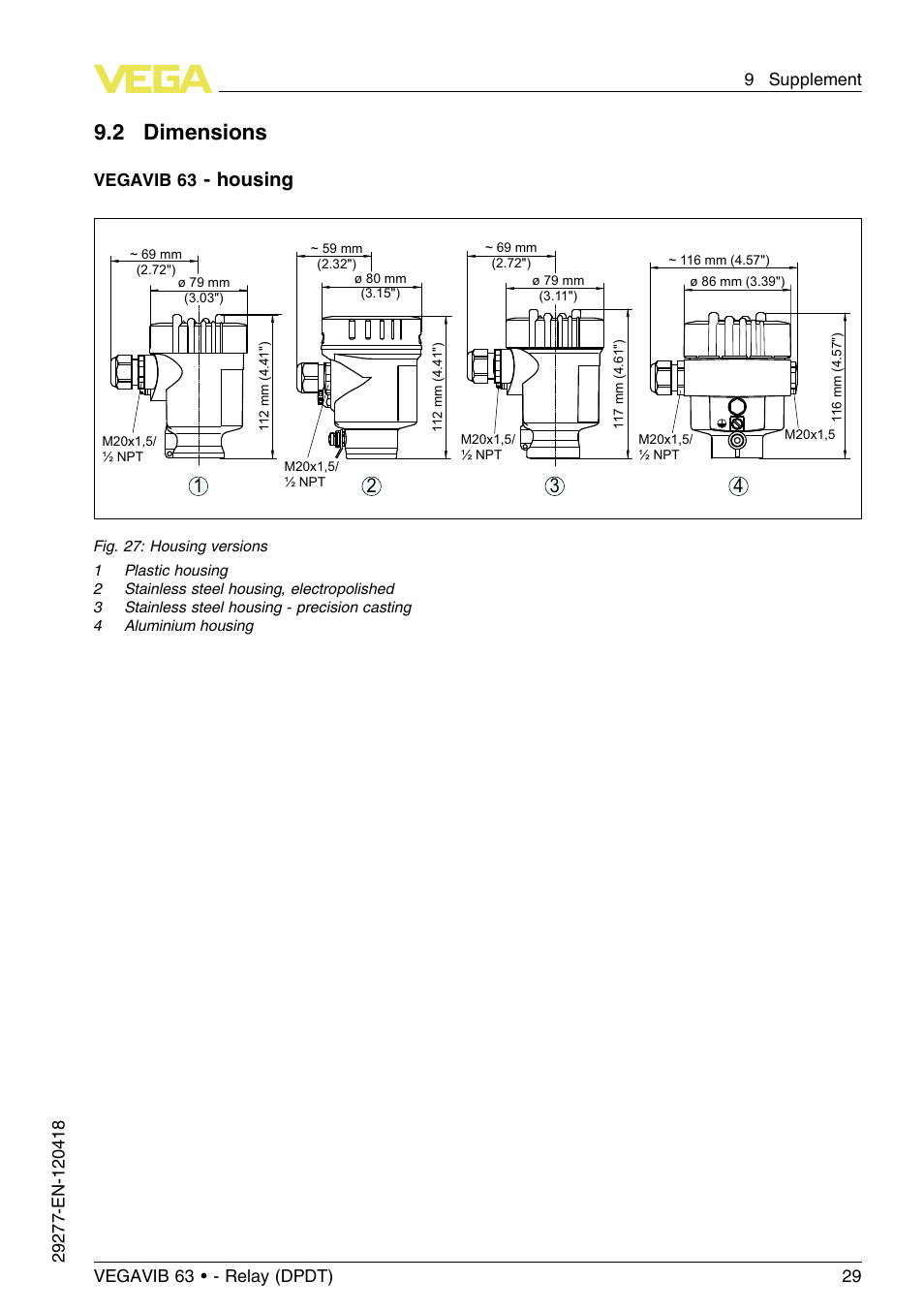 2 dimensions, Housing 3 2 1 4, Vegavib 63 | VEGA VEGAVIB 63 - Relay (DPDT) User Manual | Page 29 / 36
