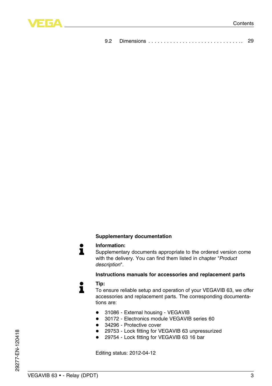 VEGA VEGAVIB 63 - Relay (DPDT) User Manual | Page 3 / 36