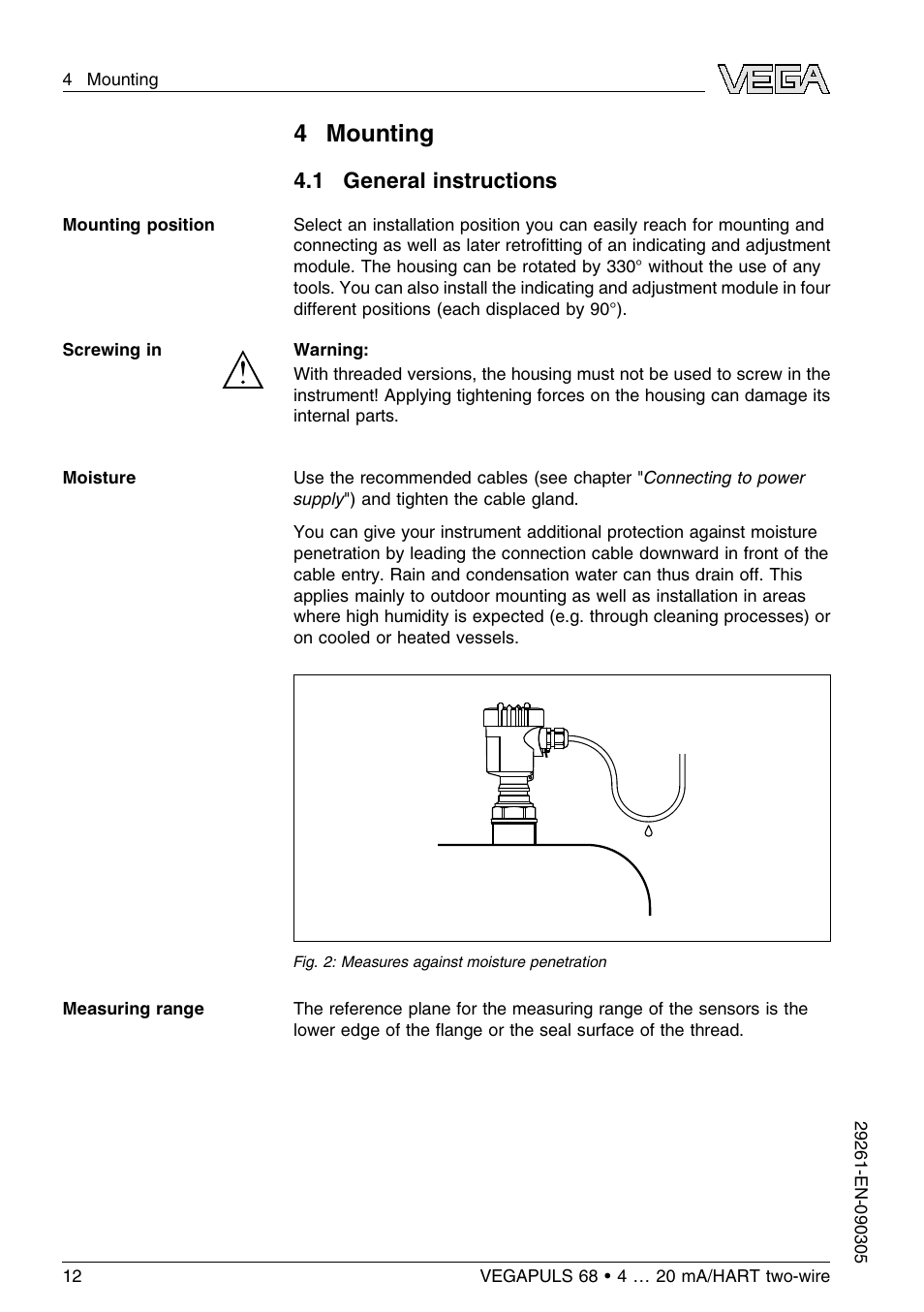 4 mounting, 1 general instructions | VEGA VEGAPULS 68 (≥ 2.0.0 - ≤ 3.8) 4 … 20 mA_HART two-wire User Manual | Page 12 / 80