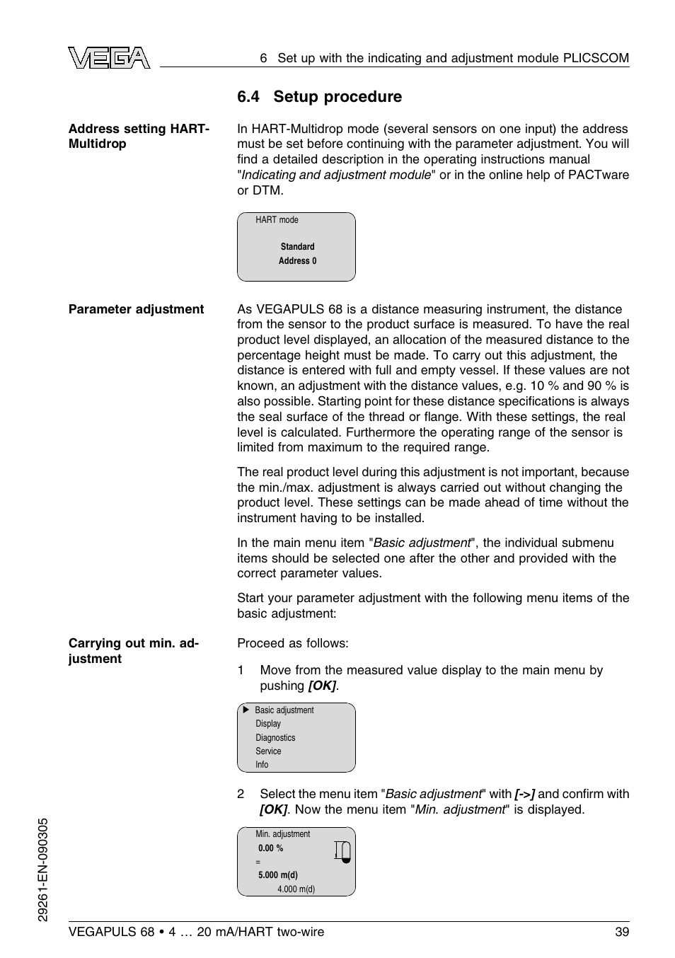 4 setup procedure | VEGA VEGAPULS 68 (≥ 2.0.0 - ≤ 3.8) 4 … 20 mA_HART two-wire User Manual | Page 39 / 80