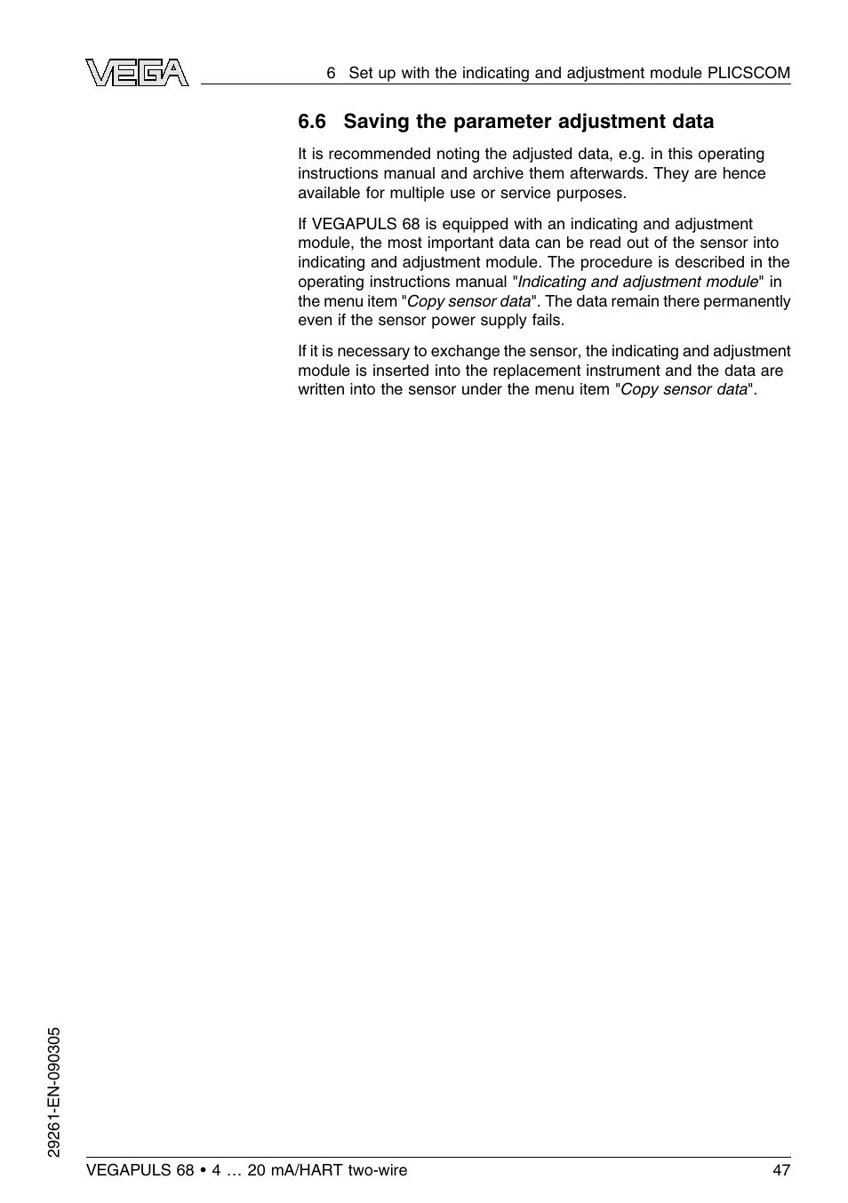 6 saving the parameter adjustment data | VEGA VEGAPULS 68 (≥ 2.0.0 - ≤ 3.8) 4 … 20 mA_HART two-wire User Manual | Page 47 / 80