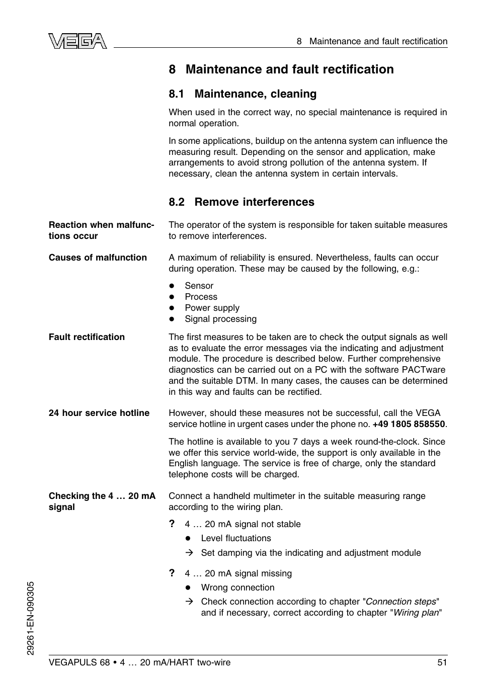 8 maintenance and fault rectification, 1 maintenance, cleaning, 2 remove interferences | 8 maintenance and fault rectiﬁcation | VEGA VEGAPULS 68 (≥ 2.0.0 - ≤ 3.8) 4 … 20 mA_HART two-wire User Manual | Page 51 / 80