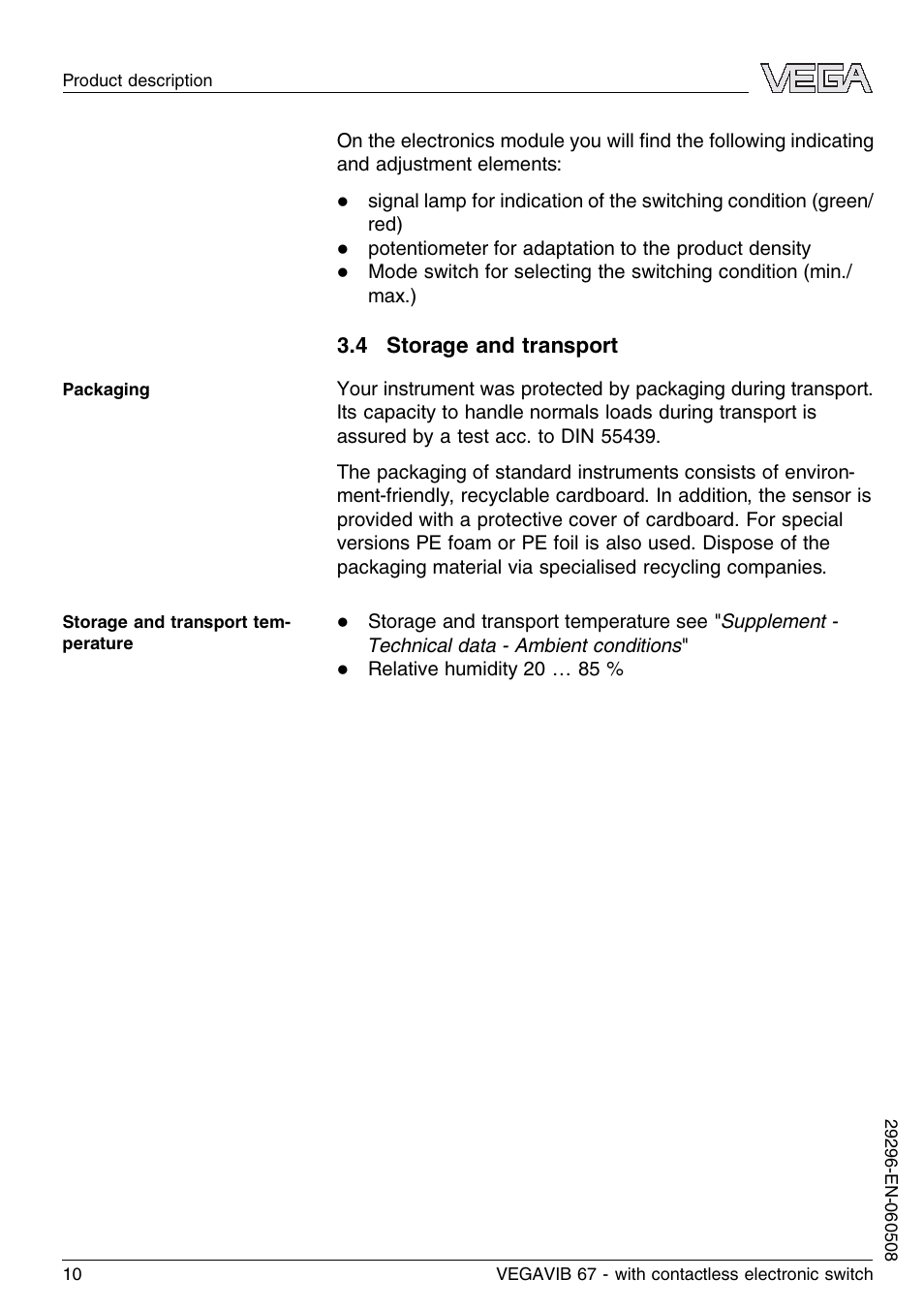 4 storage and transport | VEGA VEGAVIB 67 - contactless electronic switch User Manual | Page 10 / 36