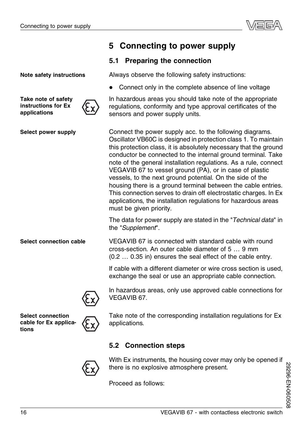 5 connecting to power supply, 1 preparing the connection, 2 connection steps | VEGA VEGAVIB 67 - contactless electronic switch User Manual | Page 16 / 36