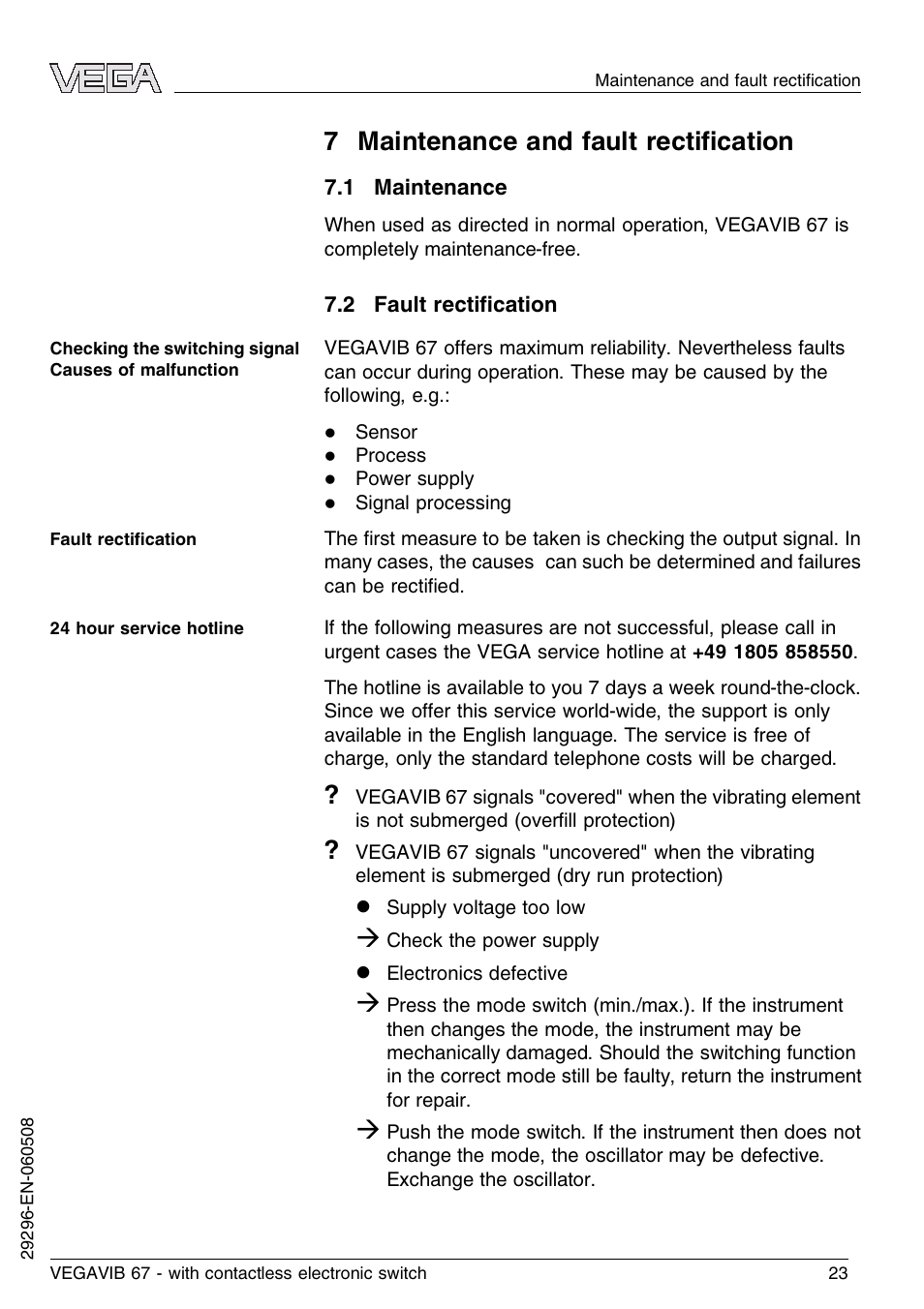 7 maintenance and fault rectification, 1 maintenance, 2 fault rectification | 7 maintenance and fault rectiﬁcation | VEGA VEGAVIB 67 - contactless electronic switch User Manual | Page 23 / 36