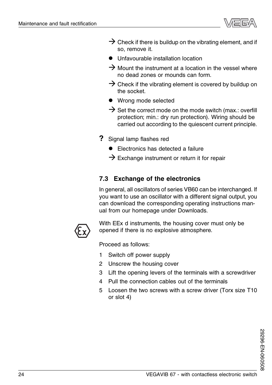 3 exchange of the electronics | VEGA VEGAVIB 67 - contactless electronic switch User Manual | Page 24 / 36
