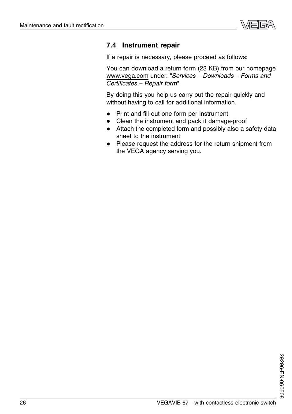 4 instrument repair | VEGA VEGAVIB 67 - contactless electronic switch User Manual | Page 26 / 36