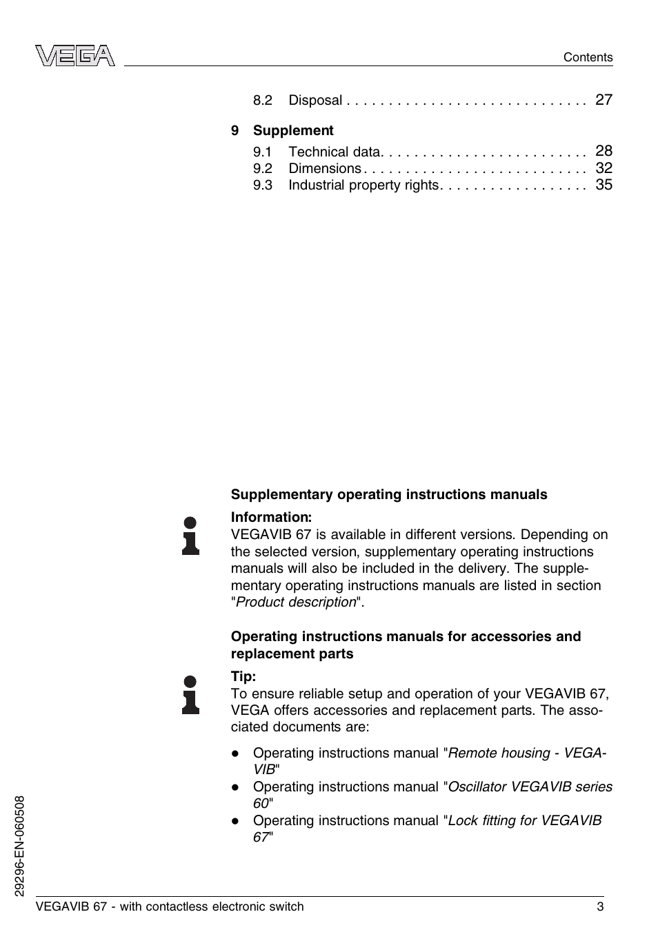 VEGA VEGAVIB 67 - contactless electronic switch User Manual | Page 3 / 36