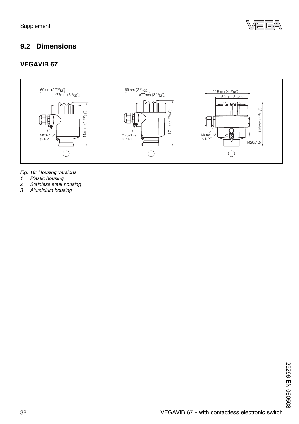 2 dimensions, Vegavib 67 | VEGA VEGAVIB 67 - contactless electronic switch User Manual | Page 32 / 36