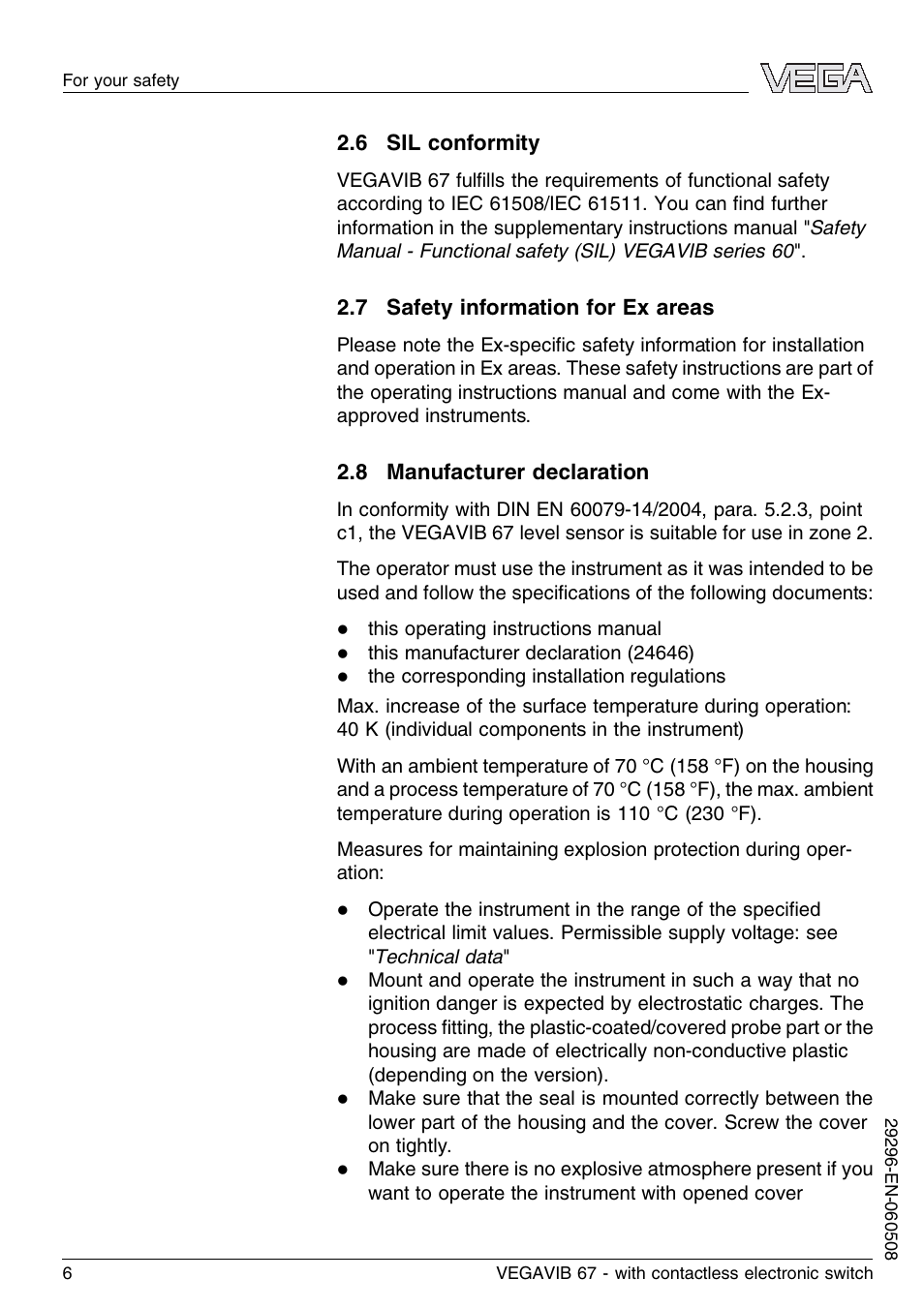 6 sil conformity, 7 safety information for ex areas, 8 manufacturer declaration | VEGA VEGAVIB 67 - contactless electronic switch User Manual | Page 6 / 36