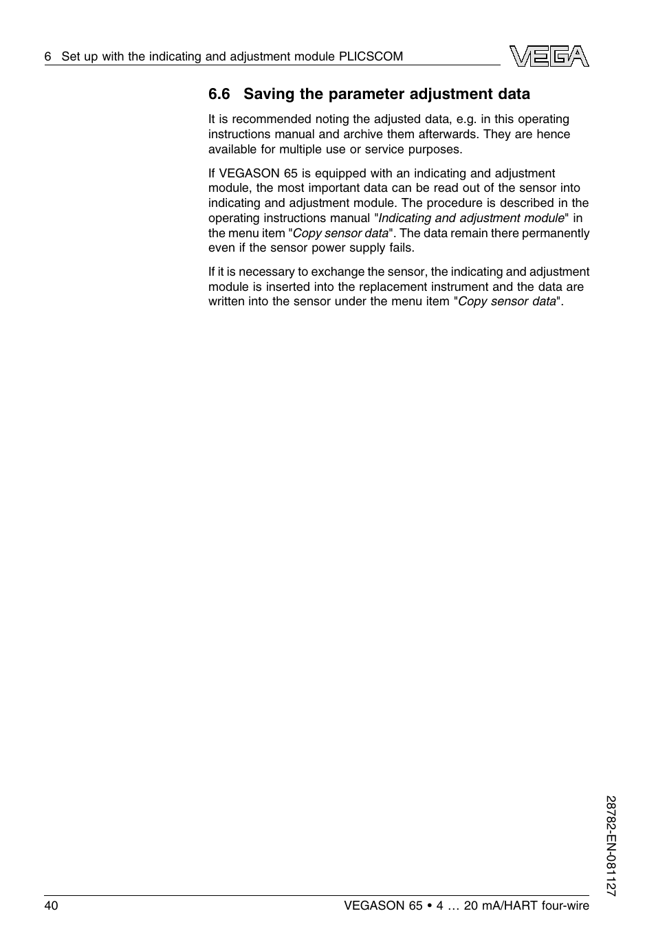 6 saving the parameter adjustment data | VEGA VEGASON 65 4 … 20 mA_HART four-wire User Manual | Page 40 / 64