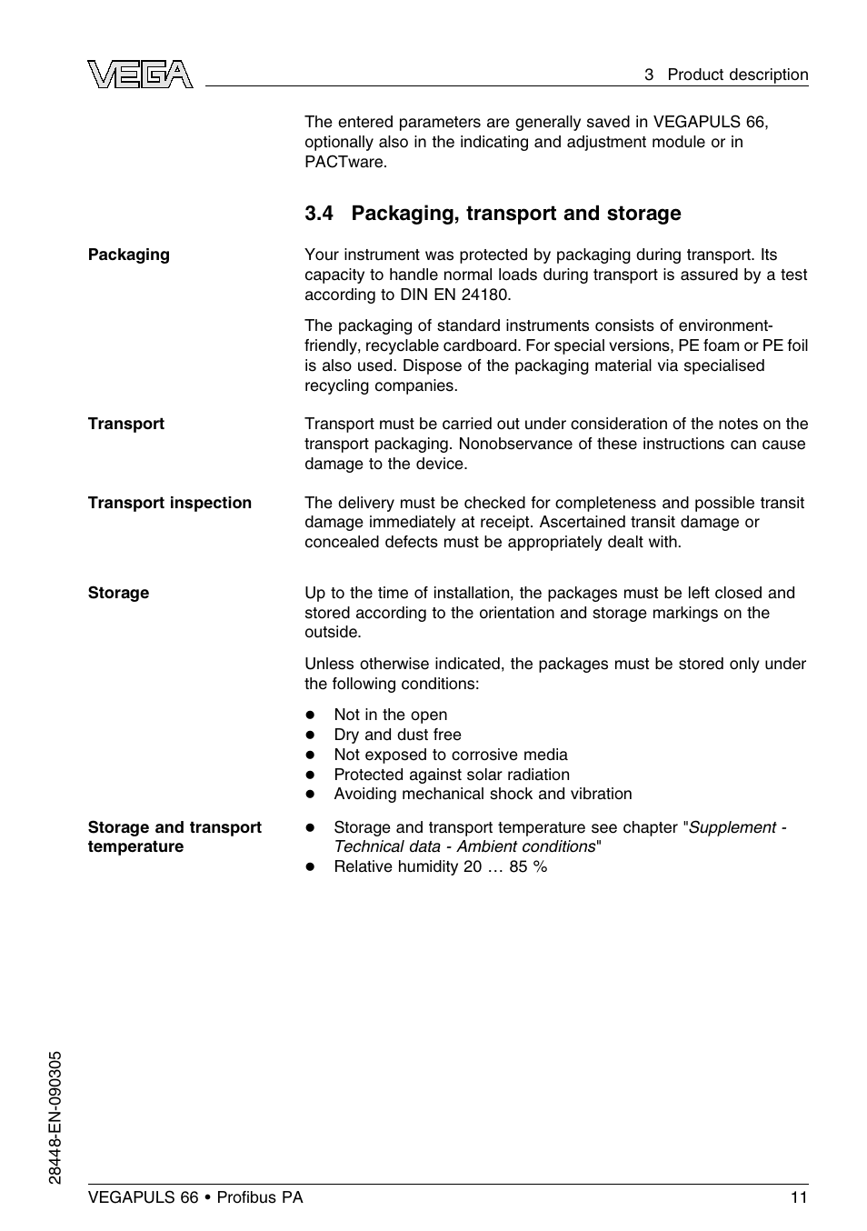 4 packaging, transport and storage | VEGA VEGAPULS 66 (≥ 2.0.0 - ≤ 3.8) Proﬁbus PA User Manual | Page 11 / 68