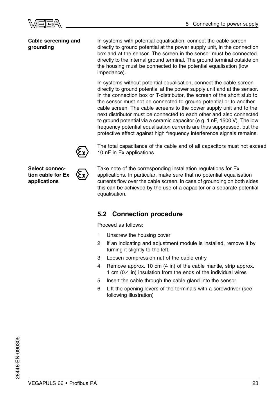 2 connection procedure | VEGA VEGAPULS 66 (≥ 2.0.0 - ≤ 3.8) Proﬁbus PA User Manual | Page 23 / 68