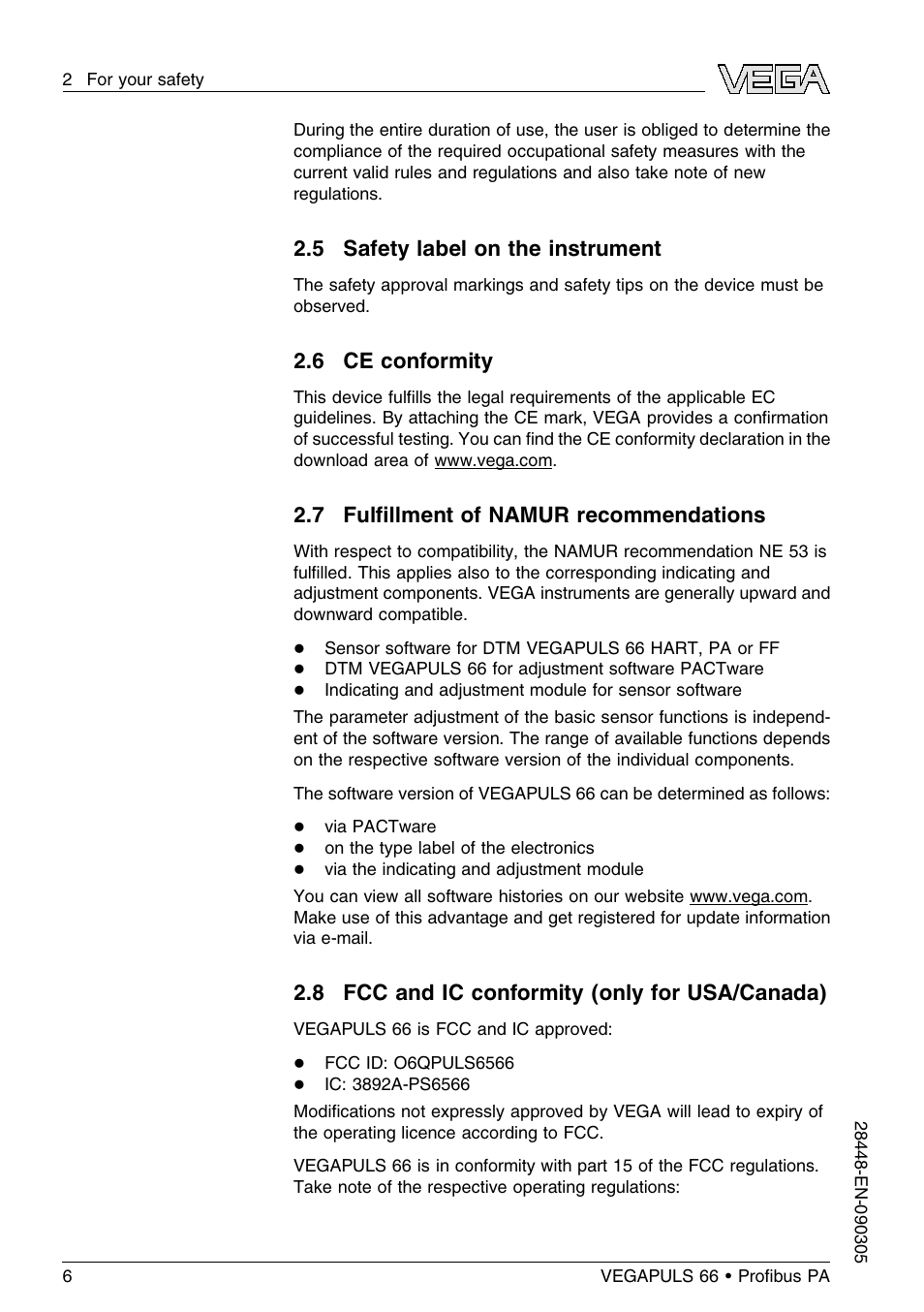 5 safety label on the instrument, 6 ce conformity, 7 fulfillment of namur recommendations | 8 fcc and ic conformity (only for usa/canada), 7 fulﬁllment of namur recommendations | VEGA VEGAPULS 66 (≥ 2.0.0 - ≤ 3.8) Proﬁbus PA User Manual | Page 6 / 68