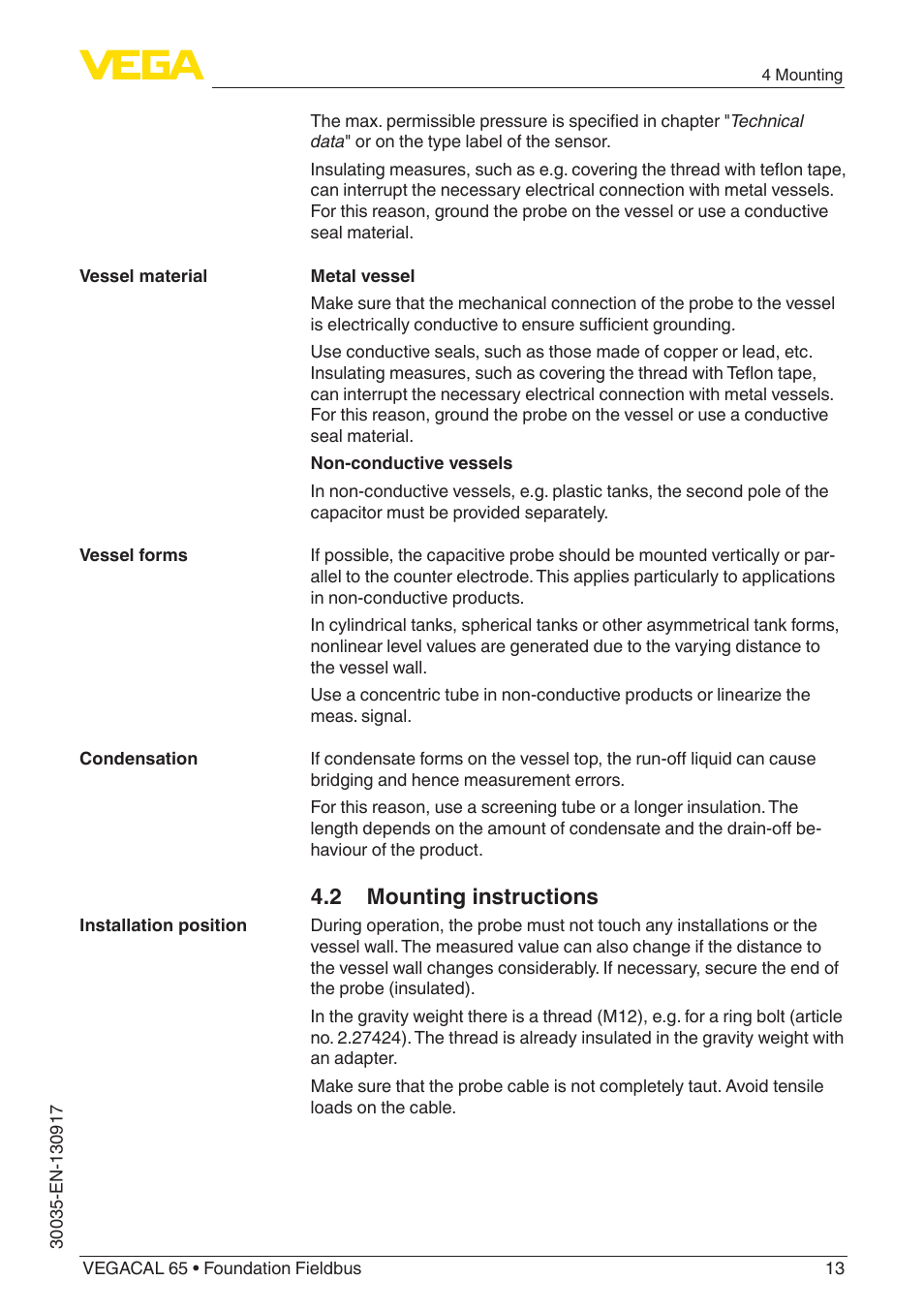 2 mounting instructions | VEGA VEGACAL 65 Foundation Fieldbus User Manual | Page 13 / 52