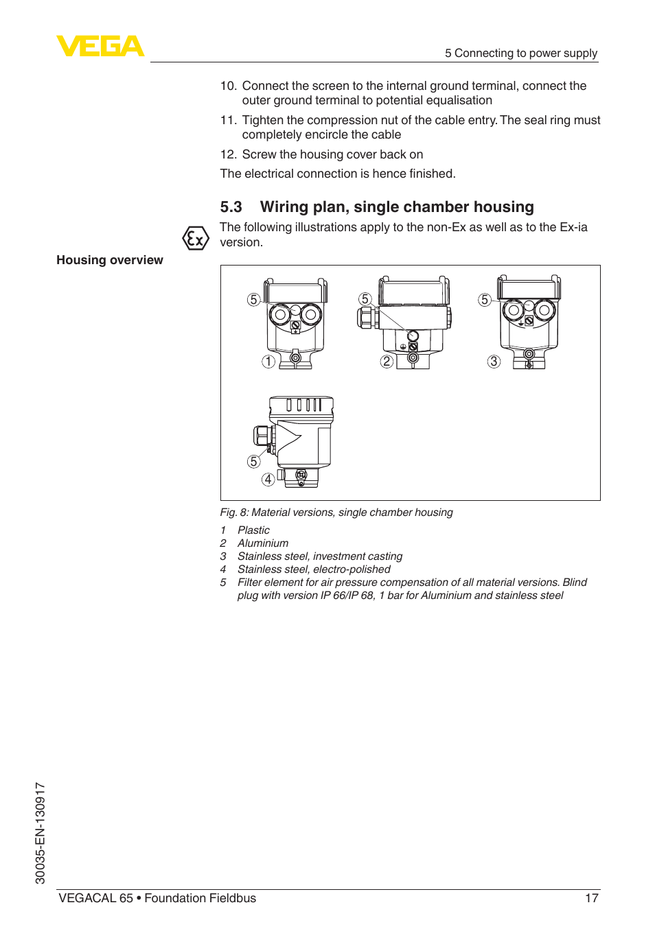 3 wiring plan, single chamber housing | VEGA VEGACAL 65 Foundation Fieldbus User Manual | Page 17 / 52