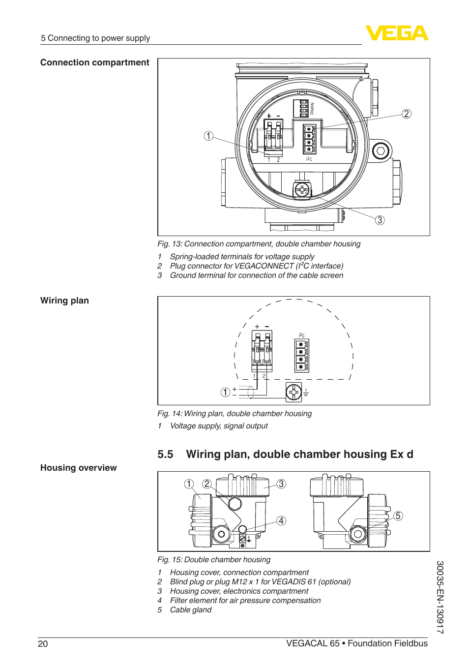 5 wiring plan, double chamber housing ex d | VEGA VEGACAL 65 Foundation Fieldbus User Manual | Page 20 / 52