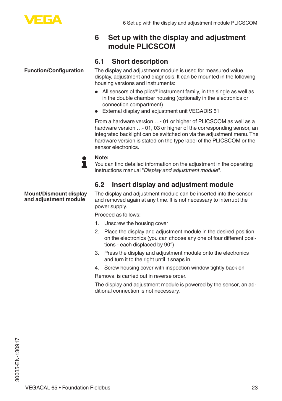 1 short description, 2 insert display and adjustment module | VEGA VEGACAL 65 Foundation Fieldbus User Manual | Page 23 / 52