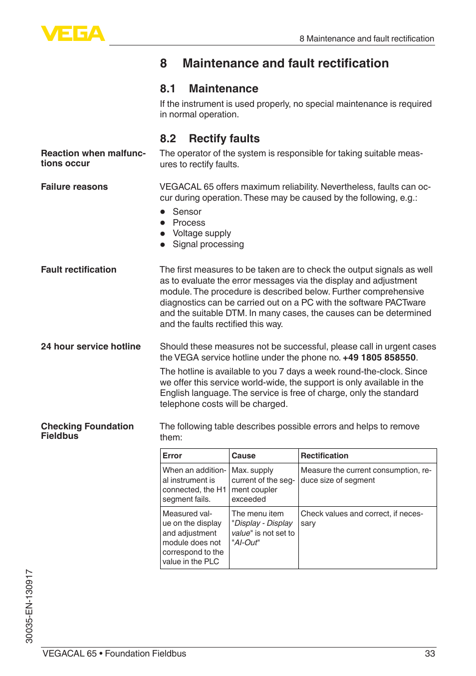 8 maintenance and fault rectification, 1 maintenance, 2 rectify faults | VEGA VEGACAL 65 Foundation Fieldbus User Manual | Page 33 / 52