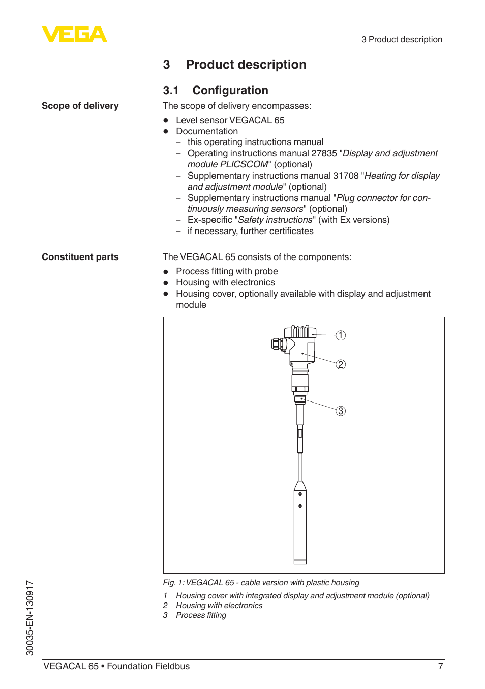 3 product description, 1 configuration | VEGA VEGACAL 65 Foundation Fieldbus User Manual | Page 7 / 52