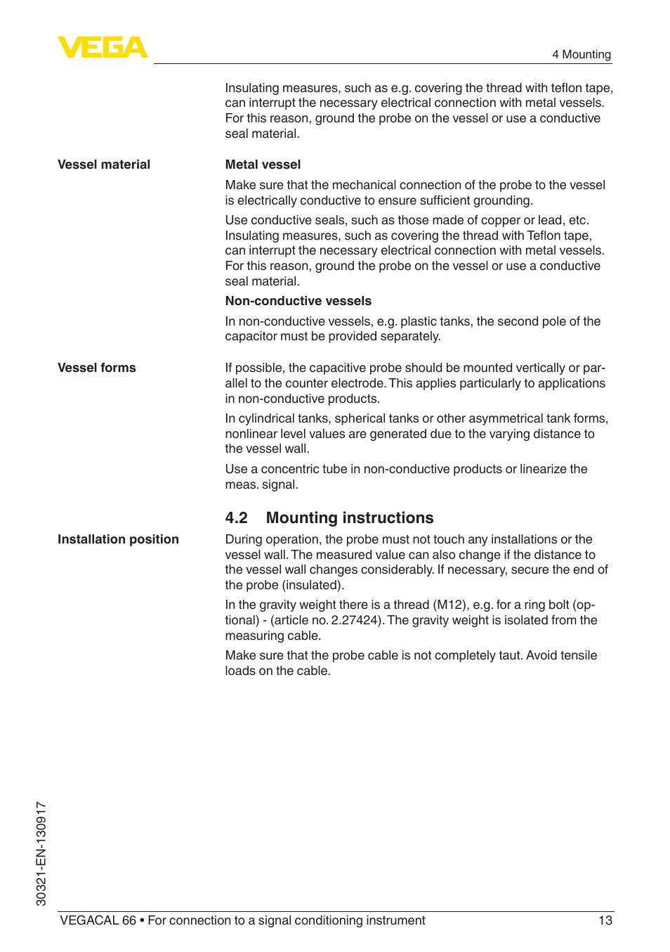 2 mounting instructions | VEGA VEGACAL 66 For connection to a signal conditioning instrument User Manual | Page 13 / 36