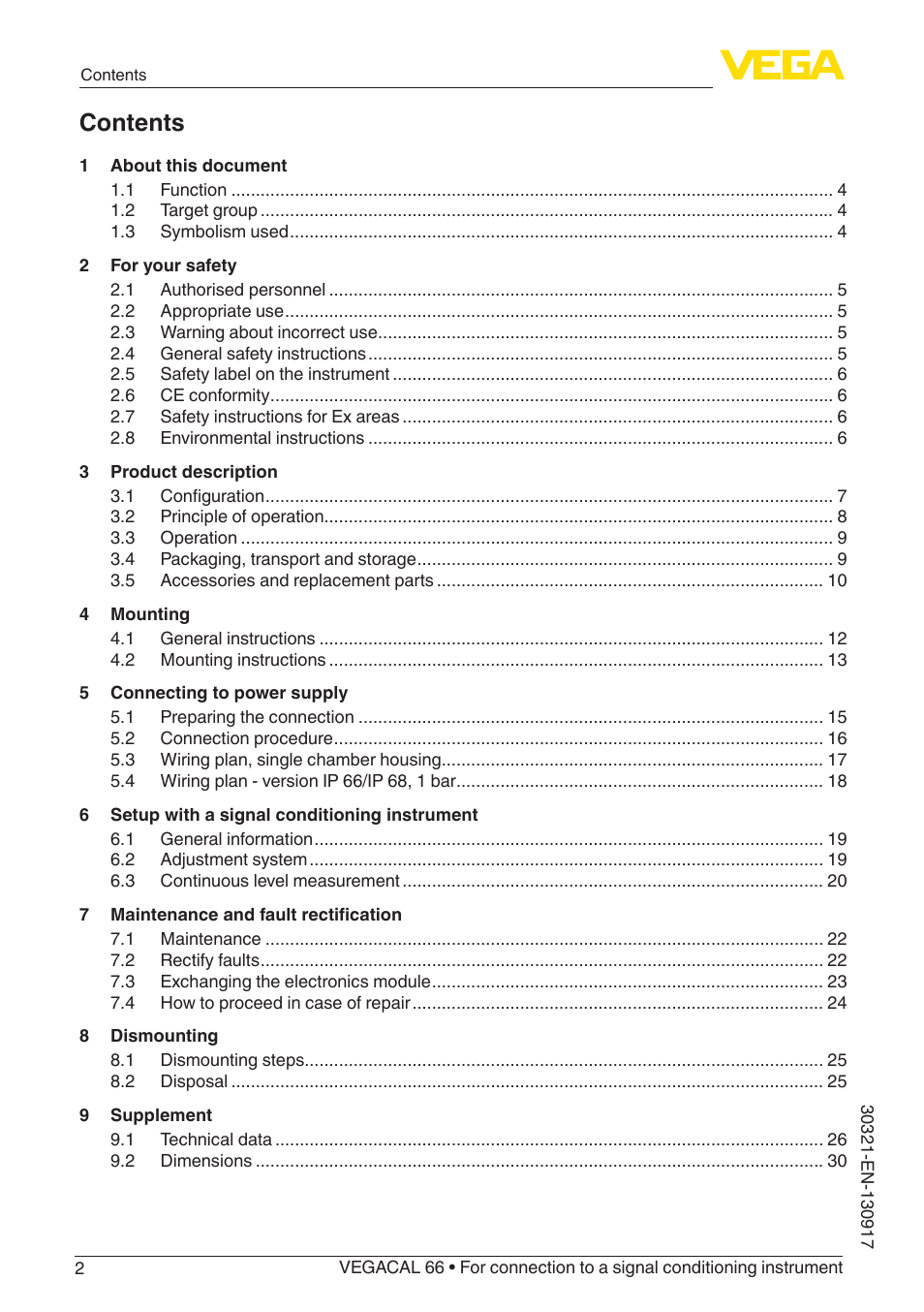 VEGA VEGACAL 66 For connection to a signal conditioning instrument User Manual | Page 2 / 36