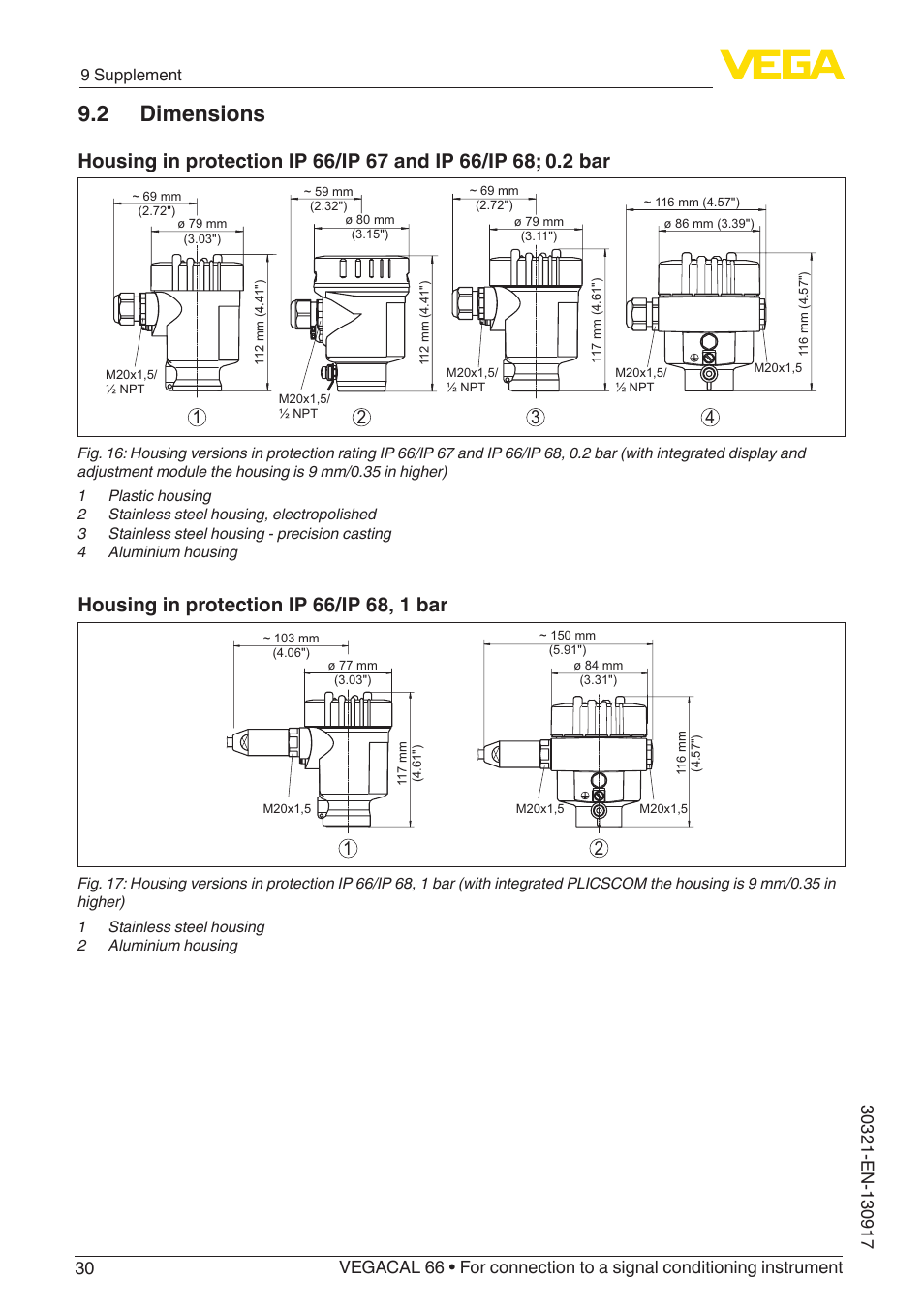 2 dimensions | VEGA VEGACAL 66 For connection to a signal conditioning instrument User Manual | Page 30 / 36