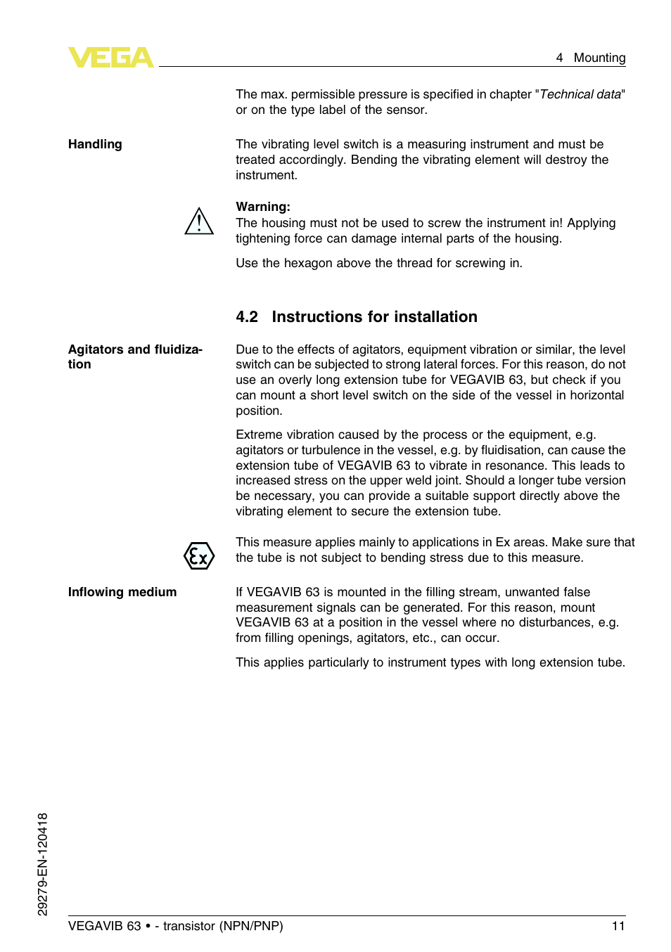 2 instructions for installation | VEGA VEGAVIB 63 - transistor (NPN-PNP) User Manual | Page 11 / 36