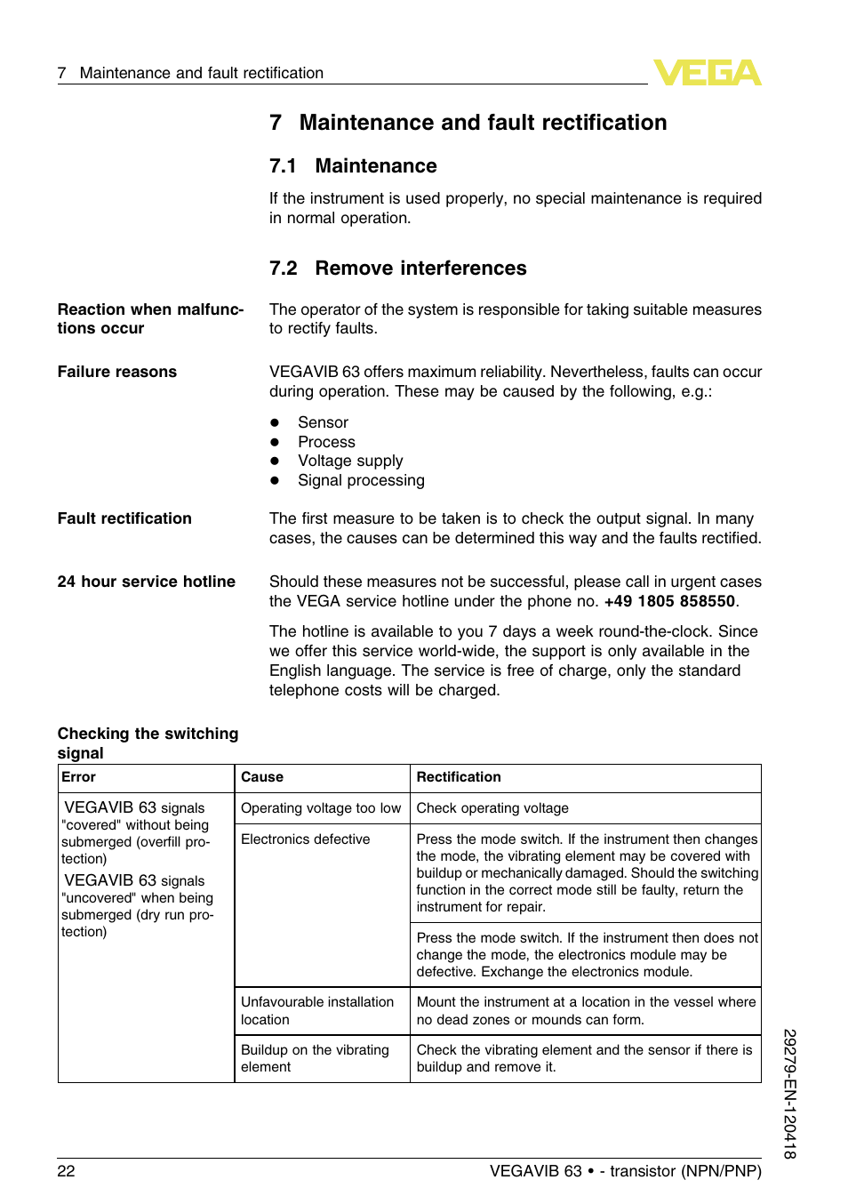 7 maintenance and fault rectification, 1 maintenance, 2 remove interferences | 7maintenance and fault rectiﬁcation | VEGA VEGAVIB 63 - transistor (NPN-PNP) User Manual | Page 22 / 36