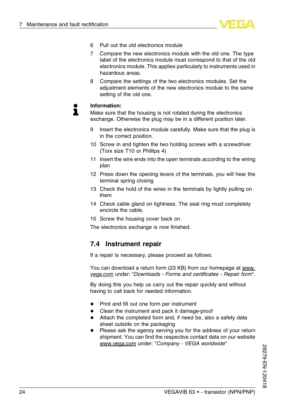 4 instrument repair | VEGA VEGAVIB 63 - transistor (NPN-PNP) User Manual | Page 24 / 36