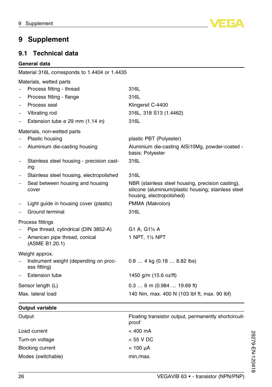 9 supplement, 1 technical data, 9supplement | VEGA VEGAVIB 63 - transistor (NPN-PNP) User Manual | Page 26 / 36