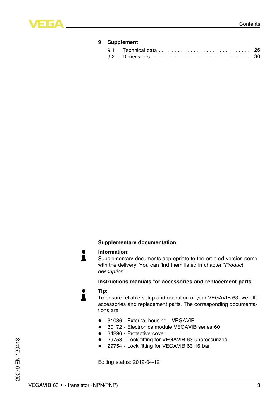 VEGA VEGAVIB 63 - transistor (NPN-PNP) User Manual | Page 3 / 36