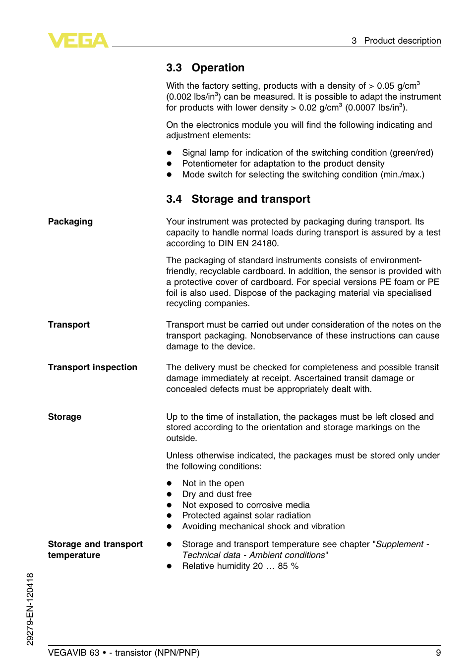 3 operation, 4 storage and transport | VEGA VEGAVIB 63 - transistor (NPN-PNP) User Manual | Page 9 / 36