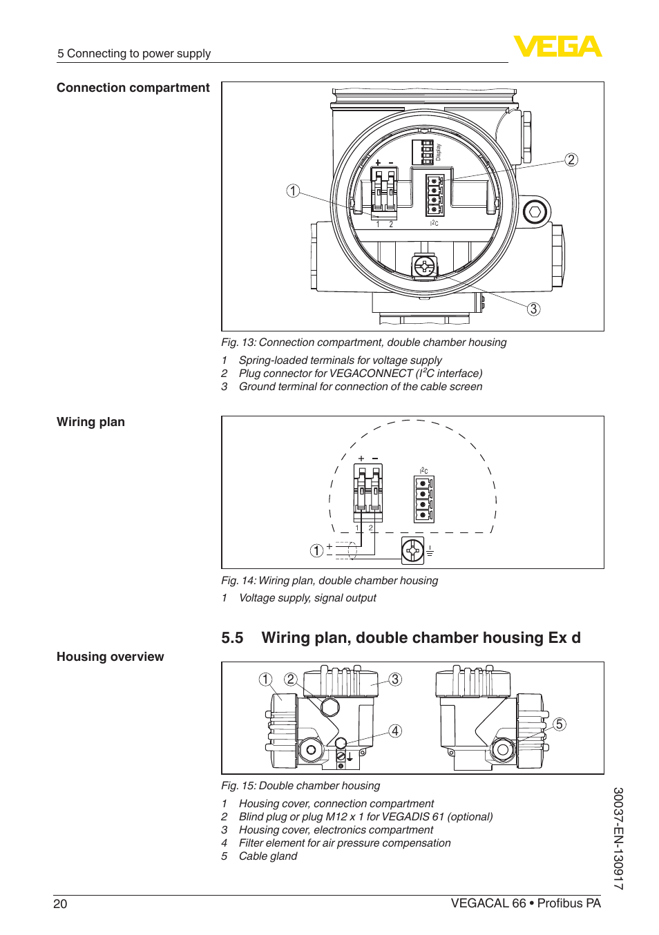 5 wiring plan, double chamber housing ex d | VEGA VEGACAL 66 Profibus PA User Manual | Page 20 / 52