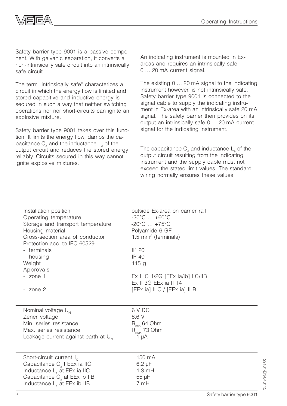 1application and function, 2technical data | VEGA 9001 Safety barrier User Manual | Page 2 / 4
