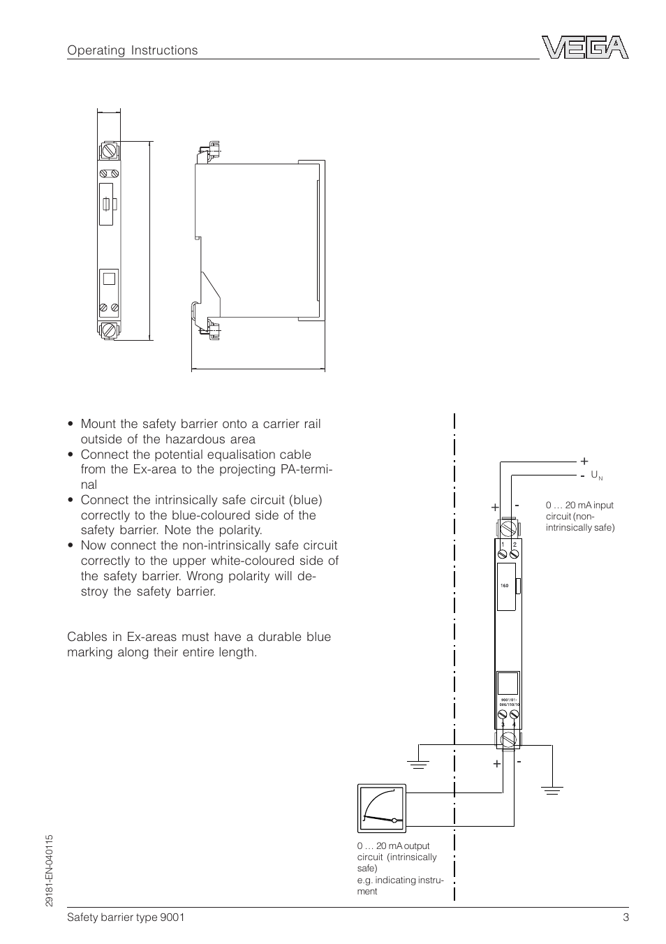 4mounting, 3dimensions 5 electrical connection, Operating instructions | VEGA 9001 Safety barrier User Manual | Page 3 / 4