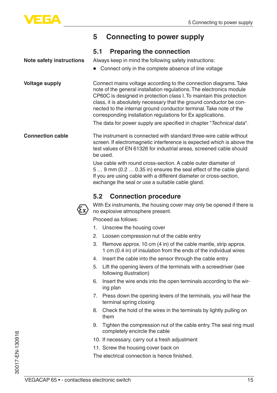 5 connecting to power supply, 1 preparing the connection, 2 connection procedure | VEGA VEGACAP 65 - contactless electronic switch User Manual | Page 15 / 40