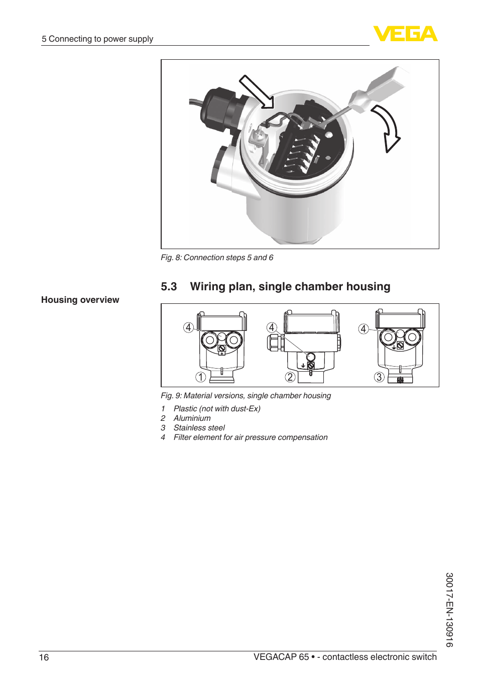 3 wiring plan, single chamber housing | VEGA VEGACAP 65 - contactless electronic switch User Manual | Page 16 / 40