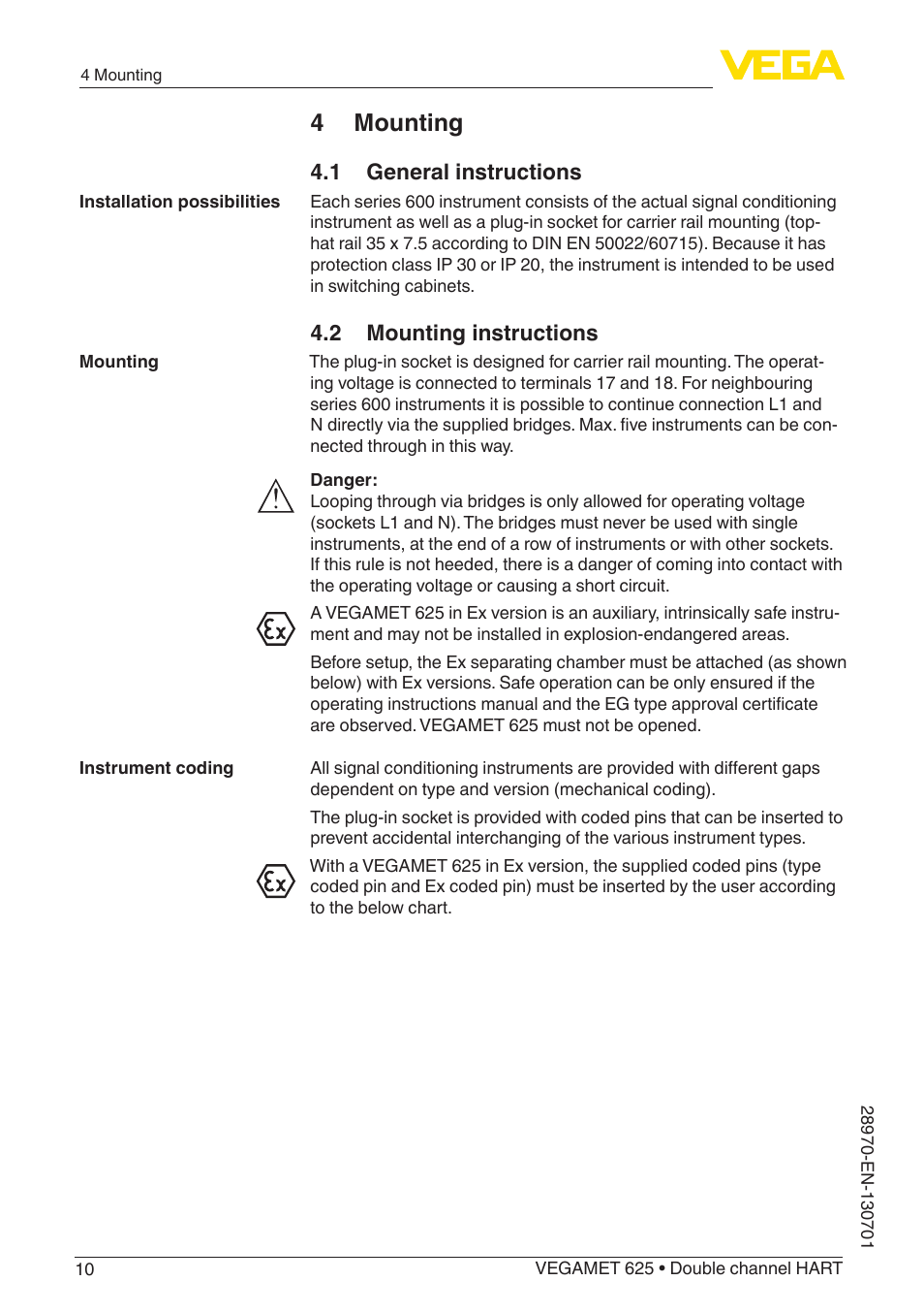 4 mounting, 1 general instructions, 2 mounting instructions | VEGA VEGAMET 625 User Manual | Page 10 / 64